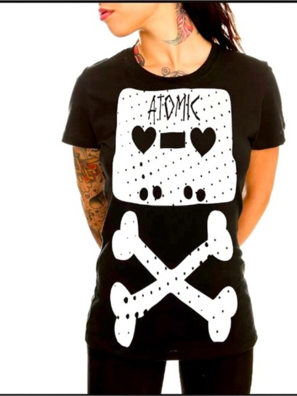 Abbey Dawn Y2K Black Mix Tape “ATOMIC” Punk Skate Cotton T-Shirt Size Large